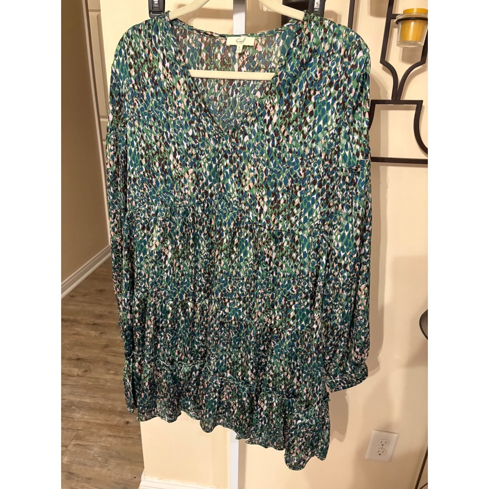 Easel Los Angeles Green Blue Abstract Print Tiered Babydoll Mini Dress Large